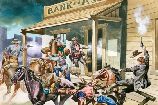 Bank robbery taking place in the Wild West
