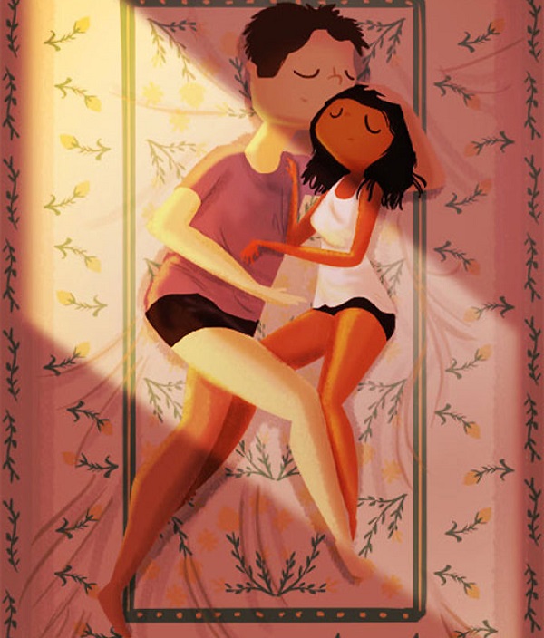 Illustration of couple cuddling in bed in summer heat