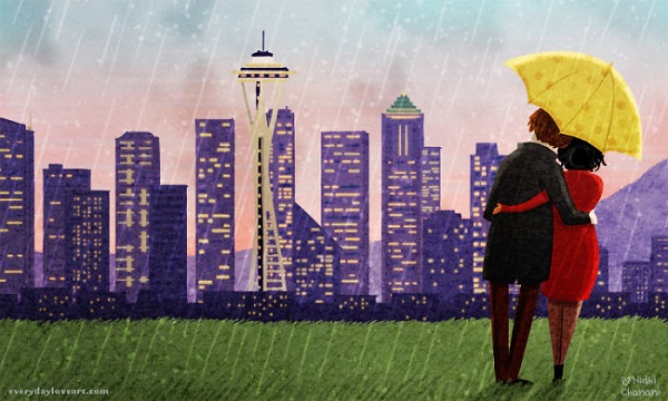 Illustration of couple in the rain in Seattle