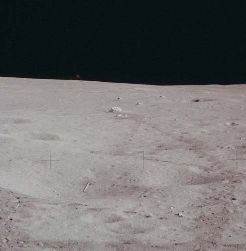 Appolo 14 view from LM after final EVA ("javelin" and golf ball can be seen in shallow crater left of center)