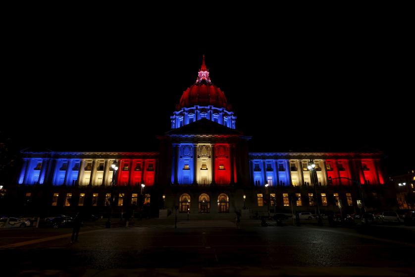 San Francisco City Hall is lit up with blue, white and red, the colors of the French flag, following the Paris terror attacks, in San Francisco