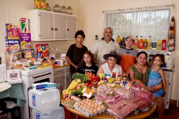 AUS104.0001.xxf1rw (MODEL RELEASED IMAGE) The Brown family of Riverview, Australia with a week’s worth of food: Doug Brown, 54, and his wife Marge, 52, with their daughter Vanessa, 32, and her children, Rhy, 12, Kayla, 15, John, 13, and Sinead, 5. The length of the Brown’s grocery list changes depending on whether Vanessa and her children are living with them at the moment. Cooking methods: electric stove, microwave, and BBQ. Food preservation: refrigerator-freezer. Favorite foods-—Doug: “Anything anyone else cooks.” Marge: yogurt. Sinead: Mackas (McDonald’s).  /// The Brown family is one of the thirty families featured in the book Hungry Planet: What the World Eats (p. 22). Food expenditure for one week: $376.45 USD. (Please refer to Hungry Planet book p. 23 for the family’s detailed food list.)