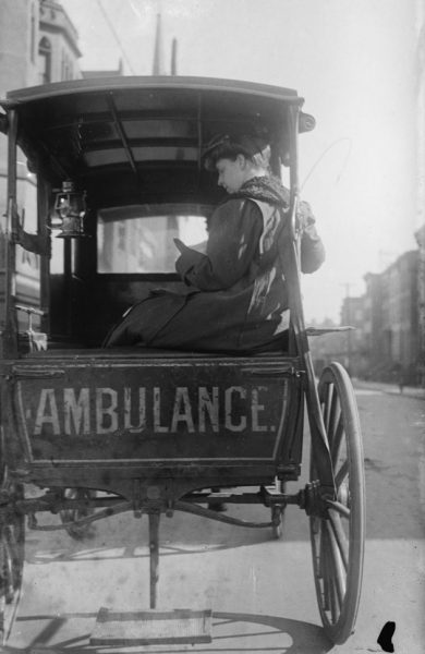 UNITED STATES - CIRCA 1911:  Dr. Elizabeth Bruyn sits in the rear of her Horse Drawn Ambulance  (Photo by Buyenlarge/Getty Images)