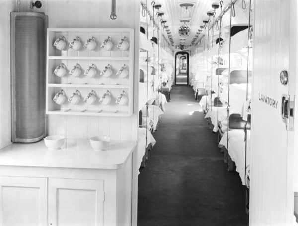 UNITED KINGDOM  :  Interior view of a ward car with three tiers of bunk beds. Ambulance trains were used during the First World War in France and Belgium to transport wounded or sick soldiers to hospital. This train was on display in several stations in Lancashire and Yorkshire before being taken to the Western Front.  (Photo by SSPL/Getty Images)