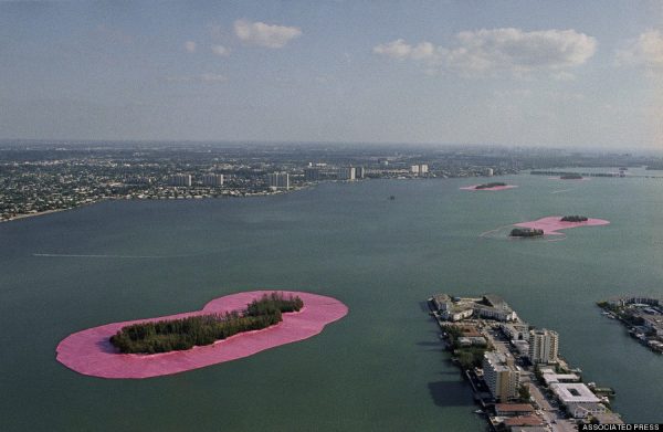 Christos Surrounded Islands take on the appearance of giant Lilly pads as the 3.1 million dollar art project in Biscayne Bay in Miami, May 7, 1983. The skyline of downtown Miami is in the background. (AP Photo/Pete Wright)