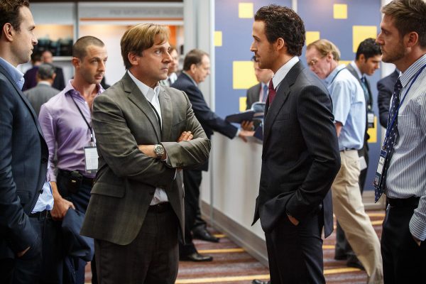 Left to right: Steve Carell plays Mark Baum and Ryan Gosling plays Jared Vennett in The Big Short from Paramount Pictures and Regency Enterprises