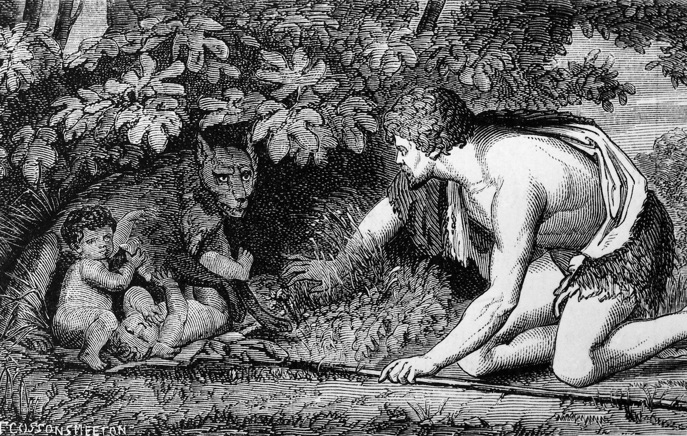 History roman antiquity - founding legend of Rome: The herdsman Faustulus finds the twins Romulus and Remus nursed by a she-wolve. Illustr. of M.Michel