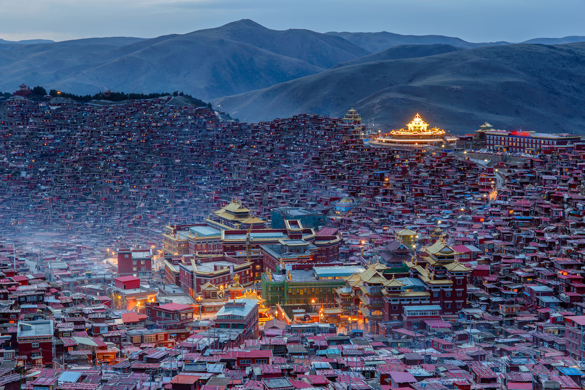 Top view monastery at Larung gar (Buddhist Academy) in twilight time, Sichuan, China