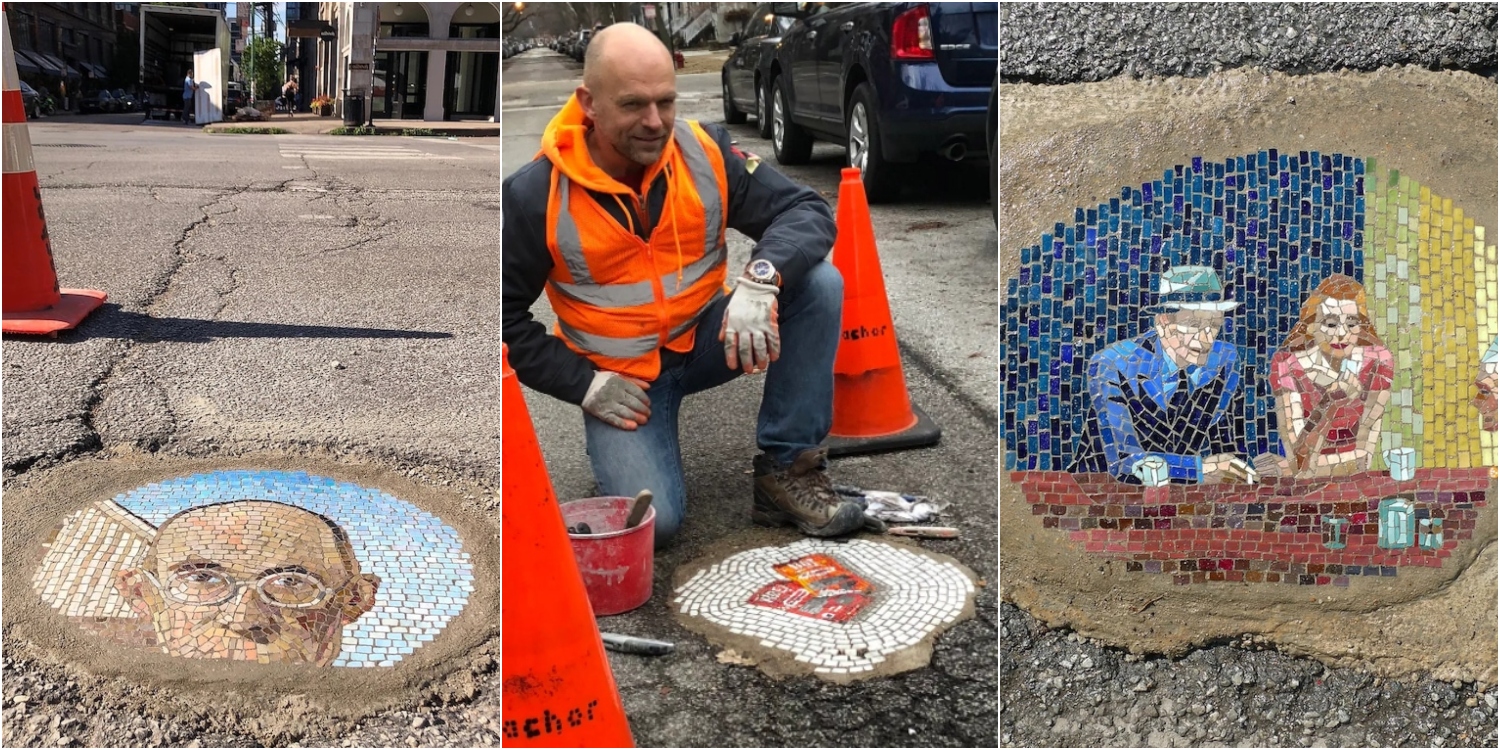 Artista che colloca i mosaici nei box delle strade: Jim Bachor